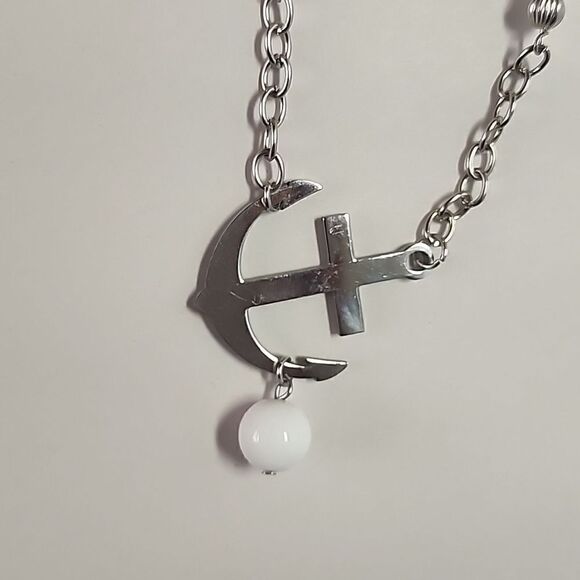 Anchor Necklace with White Round Beads Silver Tone Chain and Pendant - Picture 2 of 4